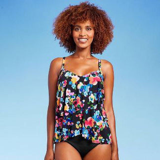 Top tankini feminino verde-água com estampa floral multicolorida FPS 50 e decote em V em camadas - tamanho P