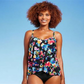 Top tankini feminino verde-água com estampa floral multicolorida FPS 50 e decote em V em camadas - tamanho P