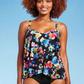 Top tankini feminino verde-água com estampa floral multicolorida FPS 50 e decote em V em camadas - tamanho P