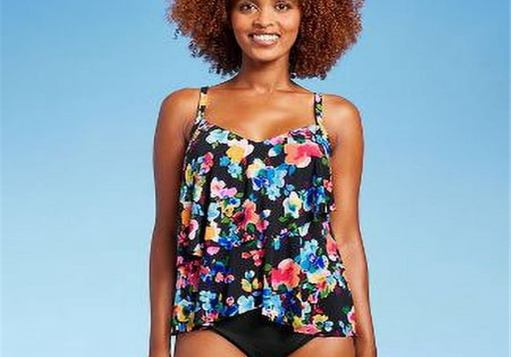 Top tankini feminino verde-água com estampa floral multicolorida FPS 50 e decote em V em camadas - tamanho P