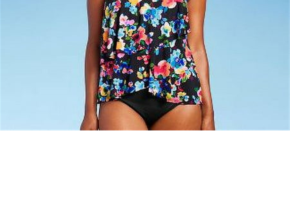 Top tankini feminino verde-água com estampa floral multicolorida FPS 50 e decote em V em camadas - tamanho P