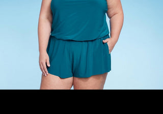 Macacão de banho feminino verde-água com FPS 50 e gola alta, com bolsos, peça única, verde-azulado, tamanho 24