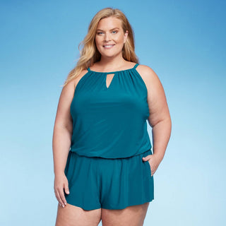 Macacão de banho feminino verde-água com FPS 50 e gola alta, com bolsos, peça única, verde-azulado, tamanho 24