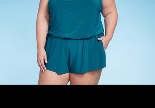 Macacão de banho feminino verde-água com FPS 50 e gola alta, com bolsos, peça única, verde-azulado, tamanho 24