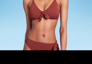 Top de biquíni Wild Fable feminino Rust com amarração frontal em textura piquet, tamanho XXS