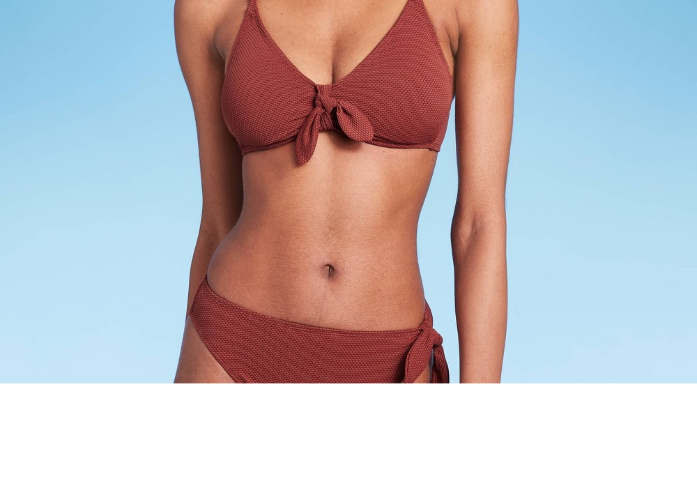 Top de biquíni Wild Fable feminino Rust com amarração frontal em textura piquet, tamanho XXS