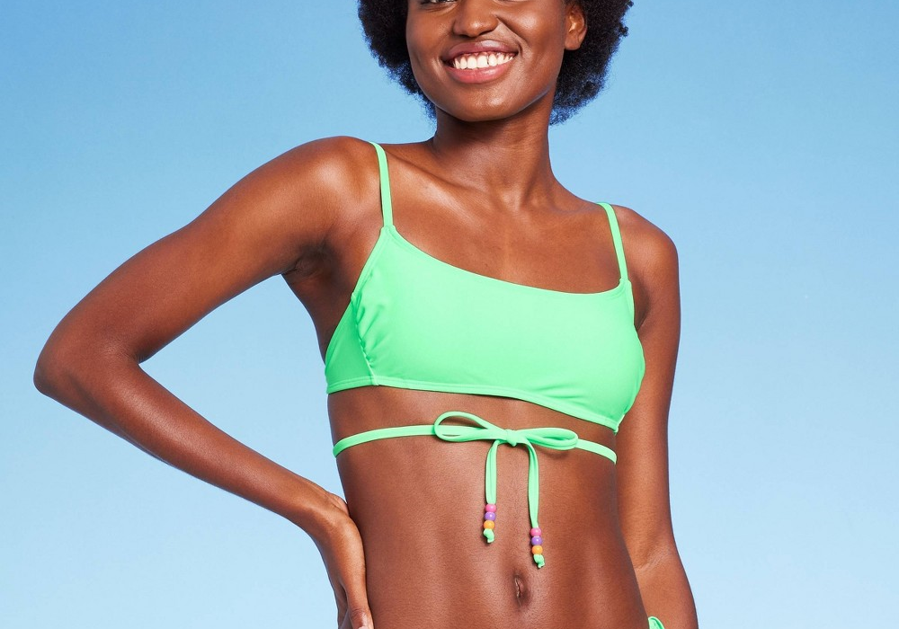 Top de biquíni bralette envolvente com miçangas verde menta para mulheres - P