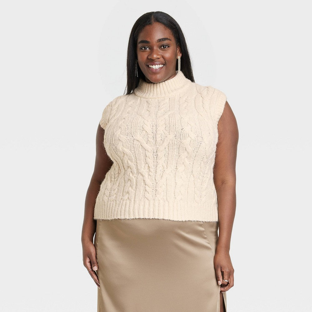 Colete suéter feminino A New Day, gola alta, curto, creme, tamanho 3X