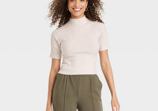 Suéter feminino canelado com gola alta A New Day, cor aveia, tamanho M