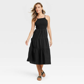 Vestido midi preto sem mangas de linho - tamanho feminino P