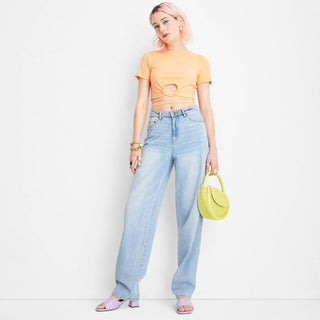 Calça jeans feminina Future Collective de cintura média e caimento largo - Alani Noelle Azul, tamanho 10