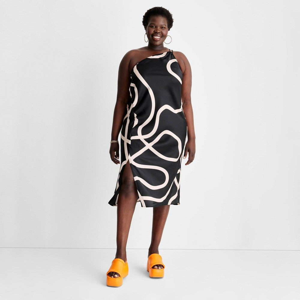 Vestido midi feminino Future Collective com um ombro só e fenda - Abstrato preto/branco XXL por Alani Noelle