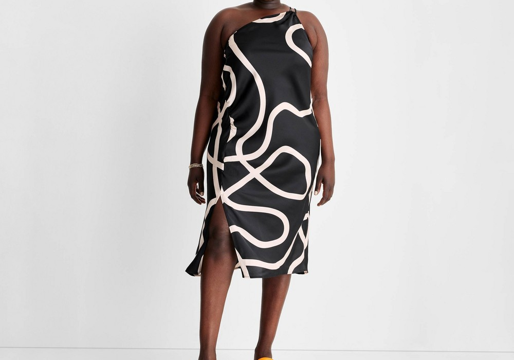 Vestido midi feminino Future Collective com um ombro só e fenda - Abstrato preto/branco XXL por Alani Noelle