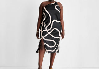 Vestido midi feminino Future Collective com um ombro só e fenda - Abstrato preto/branco XXL por Alani Noelle