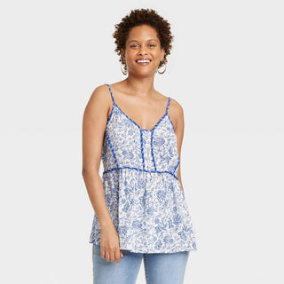 Regata feminina fluida com estampa floral azul Knox Rose, tamanho P