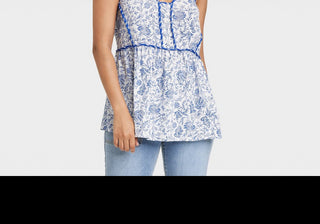 Regata feminina fluida com estampa floral azul Knox Rose, tamanho P