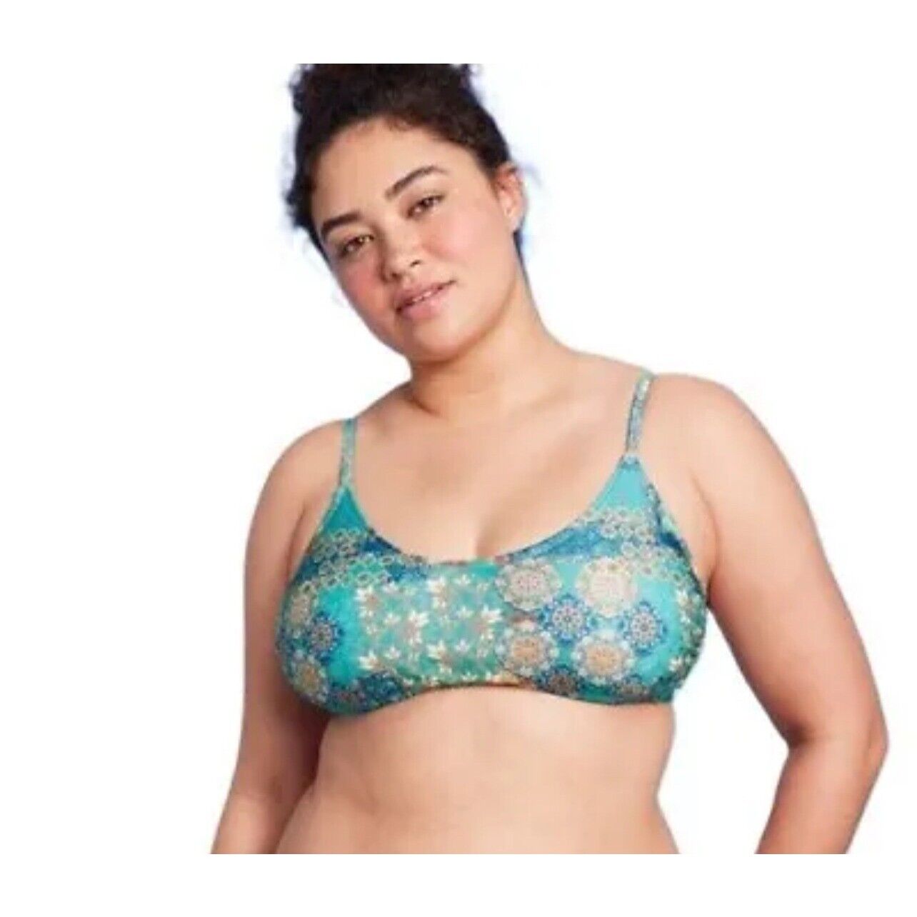 Top de biquíni bralette com estampa de retalhos azul Wild Fable para mulheres, tamanho XXS