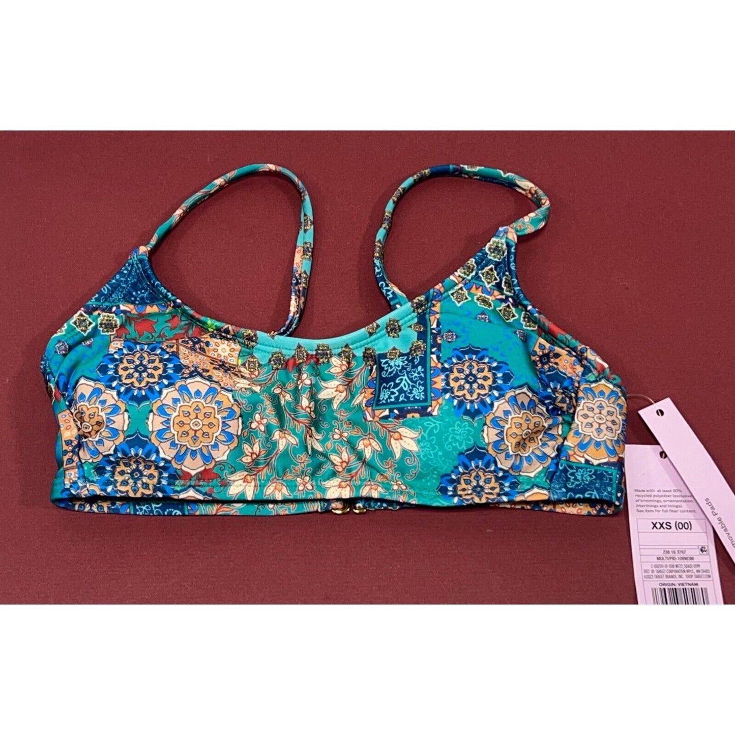 Top de biquíni bralette com estampa de retalhos azul Wild Fable para mulheres, tamanho XXS