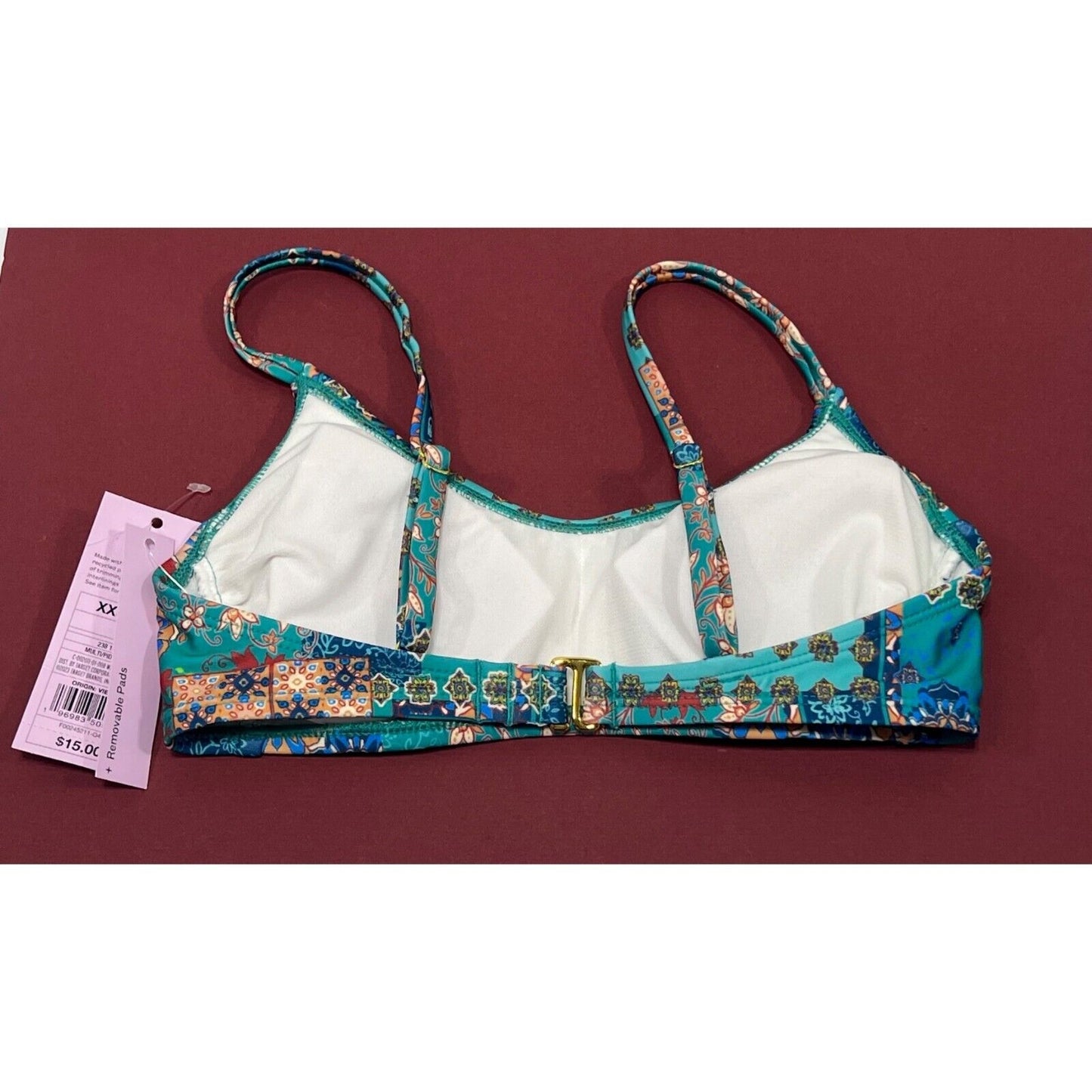 Top de biquíni bralette com estampa de retalhos azul Wild Fable para mulheres, tamanho XXS