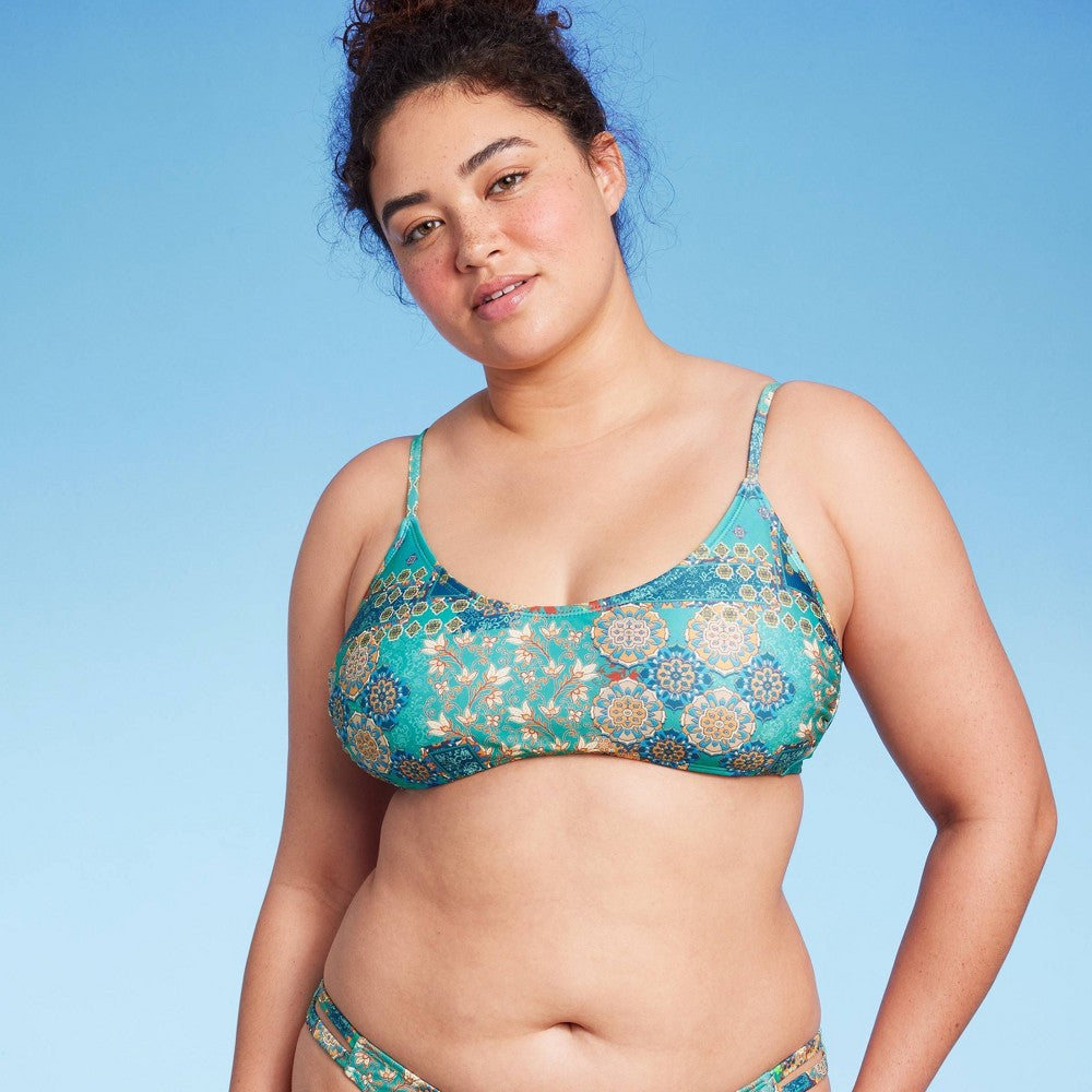 Top de biquíni bralette com estampa de retalhos azul Wild Fable para mulheres, tamanho XXS