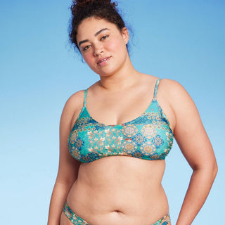 Top de biquíni bralette com estampa de retalhos azul Wild Fable para mulheres, tamanho XXS