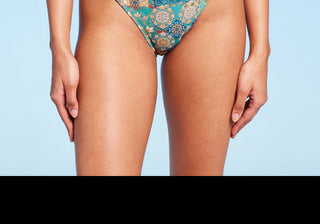 Calcinha de biquíni feminina Wild Fable com patchwork azul e perna alta, com aba dupla lateral, tamanho GG