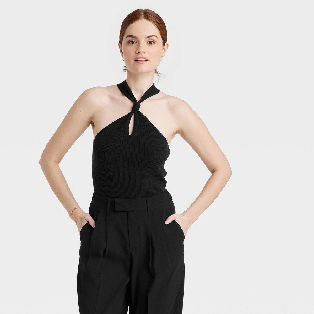 Suéter feminino com decote halter A New Day, preto, tamanho M