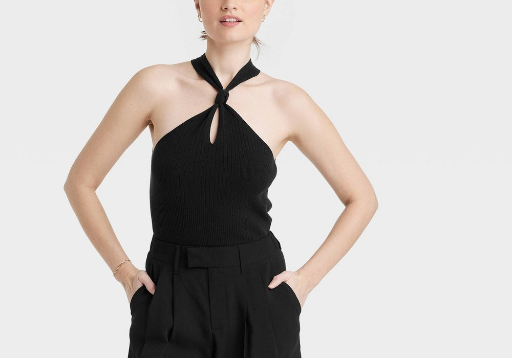 Suéter feminino com decote halter A New Day, preto, tamanho M