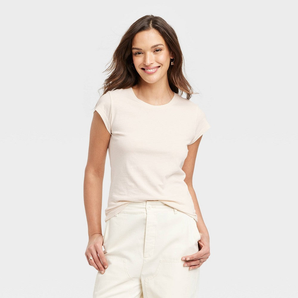 Camiseta feminina justa de manga curta Universal Thread, tamanho L, creme