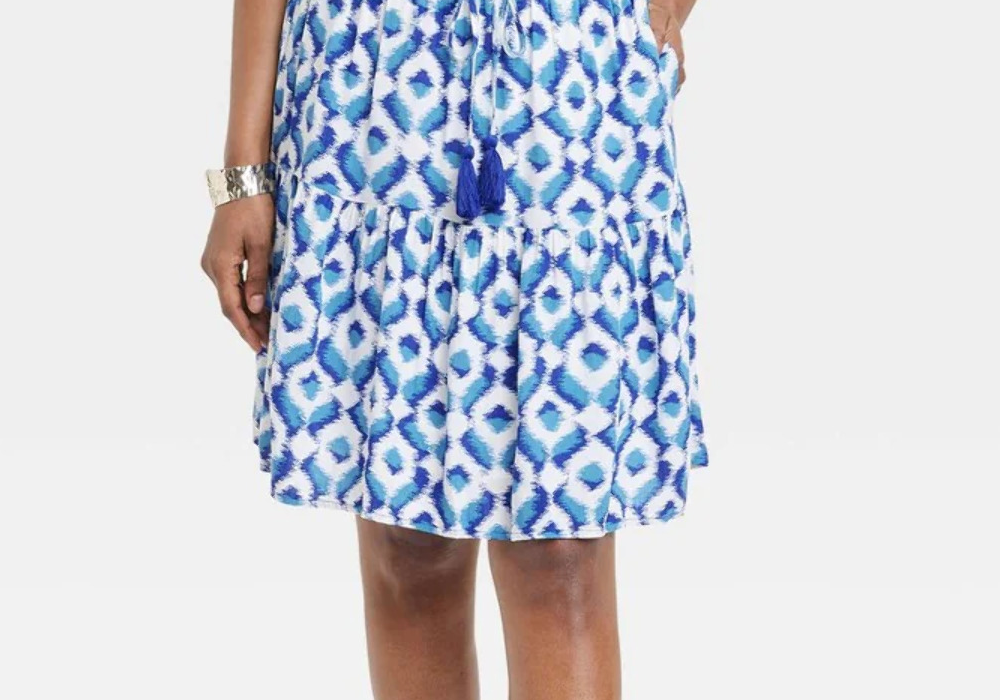 Mini saia evasê em camadas Knox Rose Blue Ikat feminina, tamanho P