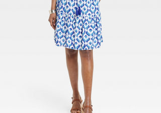 Mini saia evasê em camadas Knox Rose Blue Ikat feminina, tamanho P