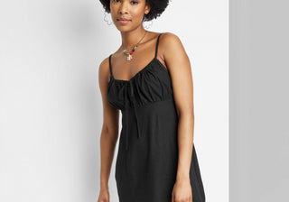 Vestido feminino Wild Fable de linho preto com babados e alças finas, tamanho XXS