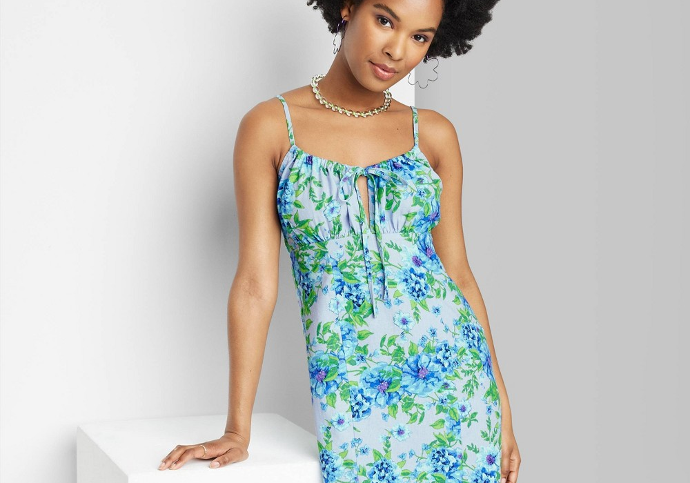 Vestido de linho franzido com estampa floral azul Wild Fable feminino tamanho XXS