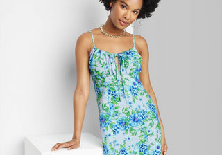 Vestido de linho franzido com estampa floral azul Wild Fable feminino tamanho XXS