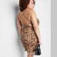 Vestido justo de cetim com cadarço Wild Fable feminino, estampa de tigre em conhaque, tamanho XXL