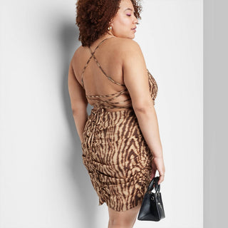 Vestido justo de cetim com cadarço Wild Fable feminino, estampa de tigre em conhaque, tamanho XXL