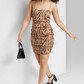 Vestido justo com estampa de tigre Wild Fable feminino em conhaque - costas com amarração, cetim, tamanho XXS