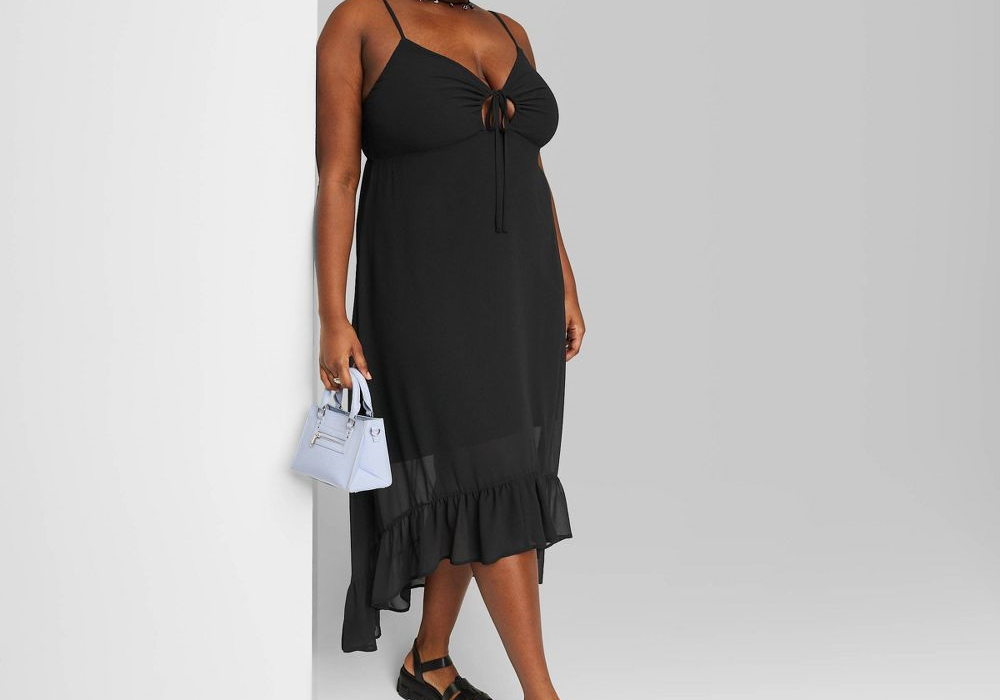 Vestido feminino preto de chiffon, tamanho médio, com bainha alta e baixa, da Wild Fable