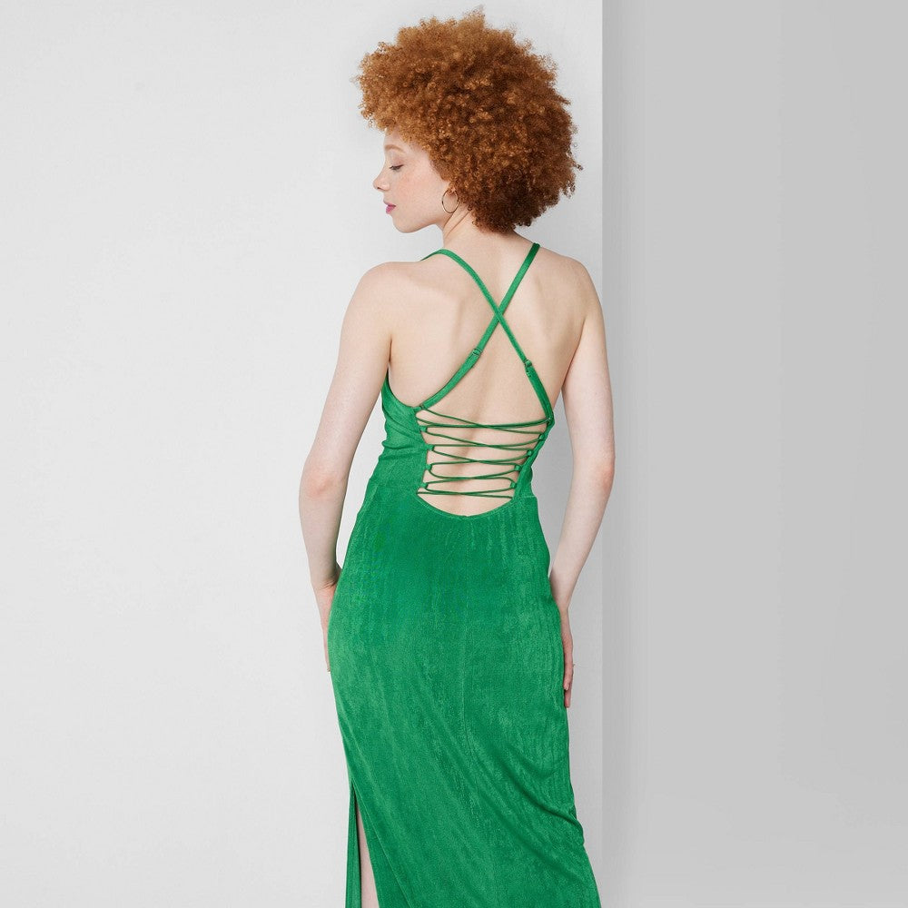 Vestido longo verde justo para mulheres com amarração nas costas, tamanho XXS