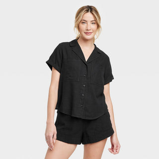 Camisa de linho preta feminina - tamanho M com mangas curtas e botões, linha universal
