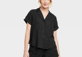 Camisa de linho preta feminina - tamanho M com mangas curtas e botões, linha universal