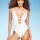 Maiô monoquíni feminino Shade &amp; Shore com decote profundo e amarração frontal branca, tamanho M