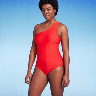 Maiô feminino Kona Sol de um ombro só, vermelho, tamanho G - Cobertura média com controle de barriga