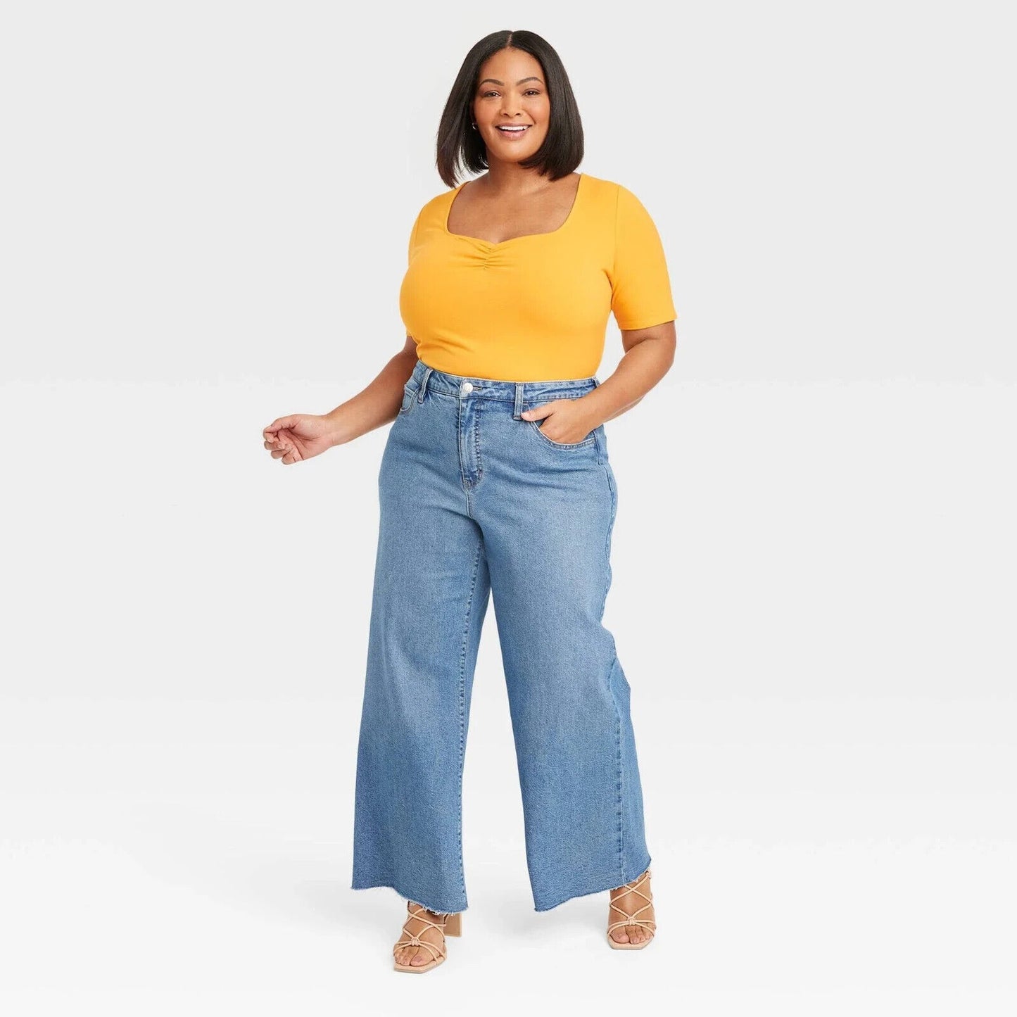 Blusa feminina Ava &amp; Viv em manga laranja, corte slim, gola coração, tamanho 2X