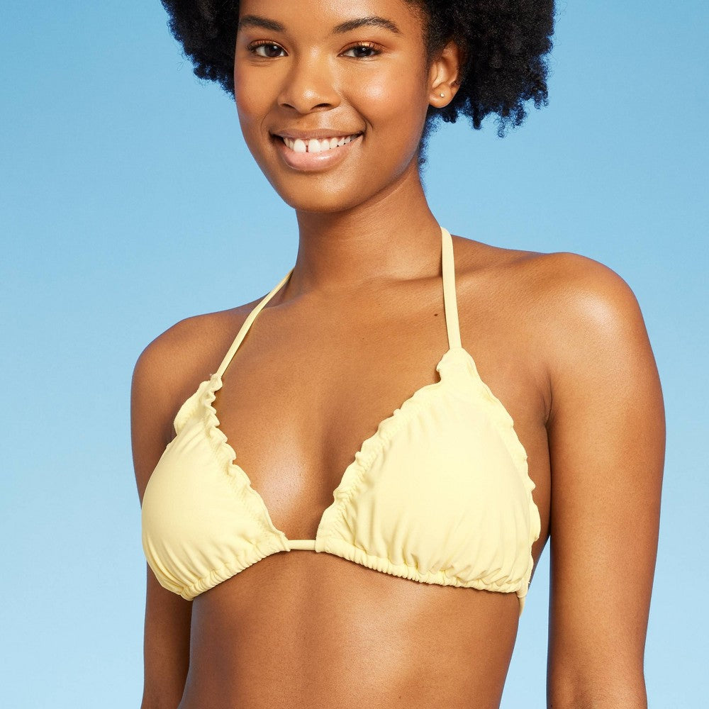 Top de biquíni triangular com babados amarelo Wild Fable feminino, tamanho P