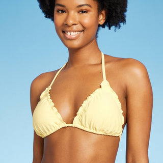 Top de biquíni triangular com babados amarelo Wild Fable feminino, tamanho P