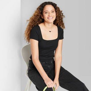 Camiseta feminina Wild Fable preta para bebês - Tamanho G - Manga curta - Gola quadrada - Ajuste canelado