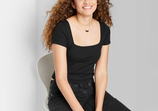 Camiseta feminina Wild Fable preta para bebês - Tamanho G - Manga curta - Gola quadrada - Ajuste canelado