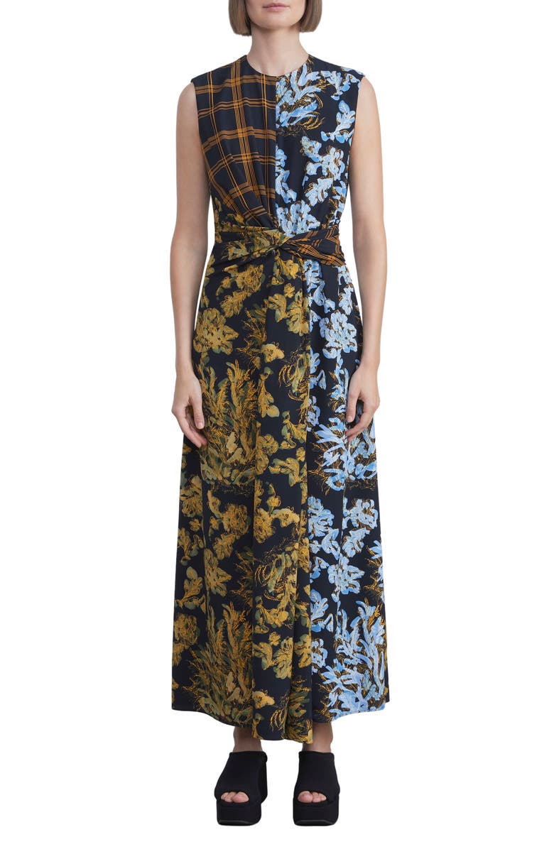 Vestido midi sem mangas com estampa mista e cintura torcida Lafayette 148 New York feminino, amarelo, tamanho 8