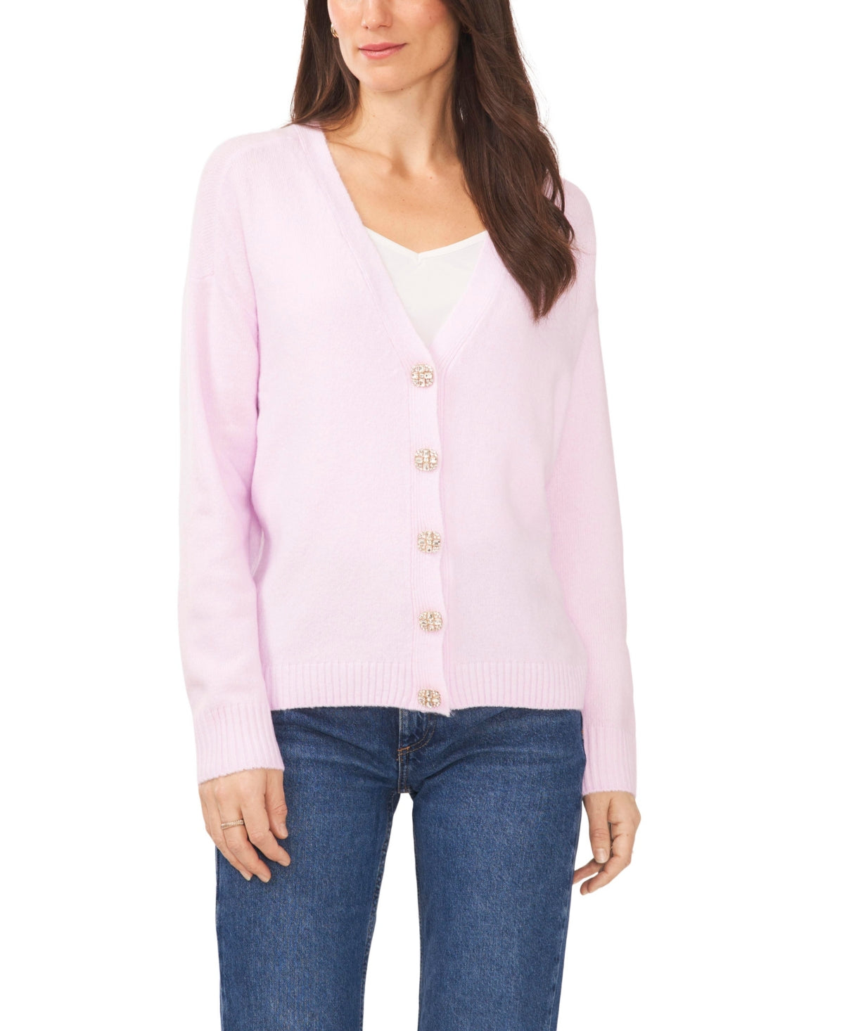 Suéter feminino CeCe com botões e decote em V, roxo, tamanho G